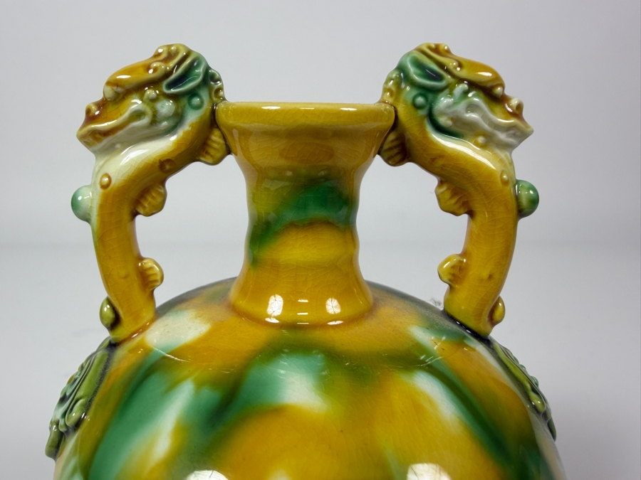 Just Added - Vintage Chinese Porcelain Vase Featuring Traditional Tang Sancai Glazing With Wooden Stand 6'H [Photo 4]