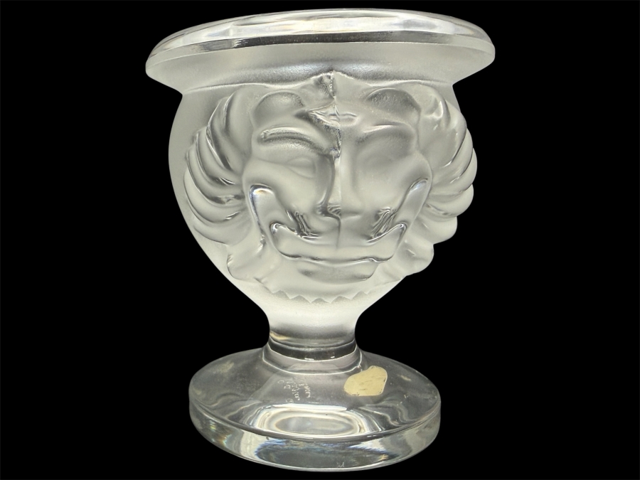 Just Added - Lalique Frosted Crystal Tete De Lion Pedestal Cigarette Cup Or Candle Holder 3.75'H
