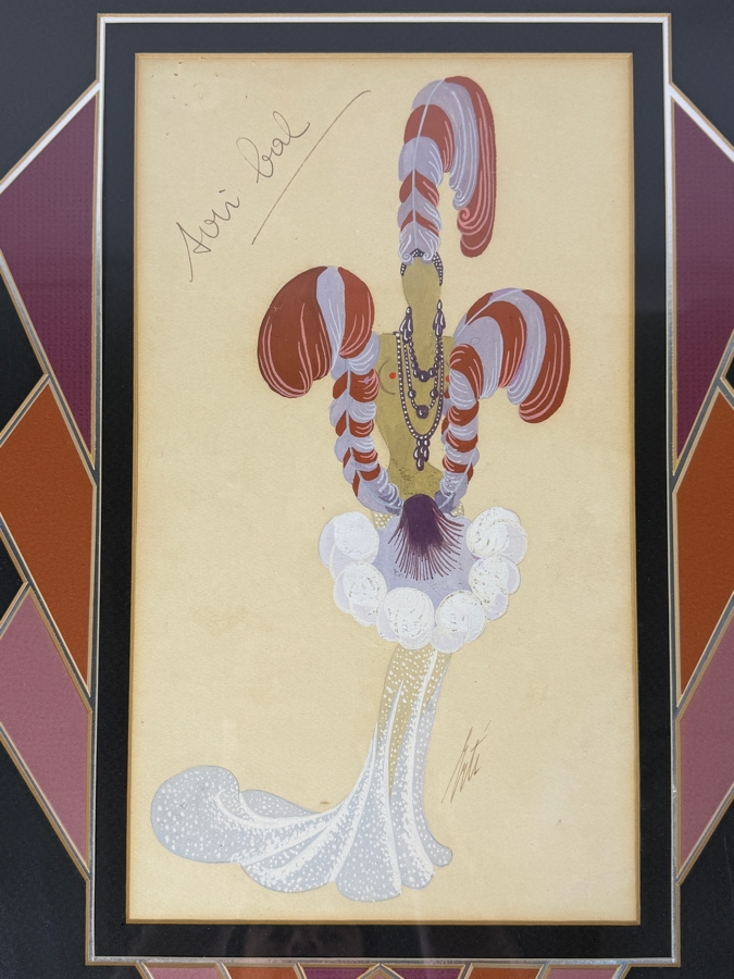 Just Added - Romain (Erte) De Tirtoff (1892-1990, Russia) Original Gouache On Paper Costume Design Signed Lower Left 7.5W X 12.5 Framed 15.5W X 21'H
