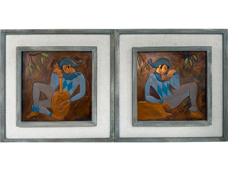 Just Added - Signed Pair Of Mid-Century Modern Hand Painted Copper Bas-Relief Wall Plaques With Harlequin Figures Playing Musical Instruments Framed In Wood 13 X 13 Framed 19 X 19