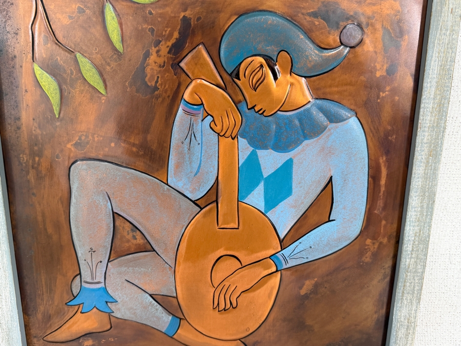 Just Added - Signed Pair Of Mid-Century Modern Hand Painted Copper Bas-Relief Wall Plaques With Harlequin Figures Playing Musical Instruments Framed In Wood 13 X 13 Framed 19 X 19 [Photo 6]