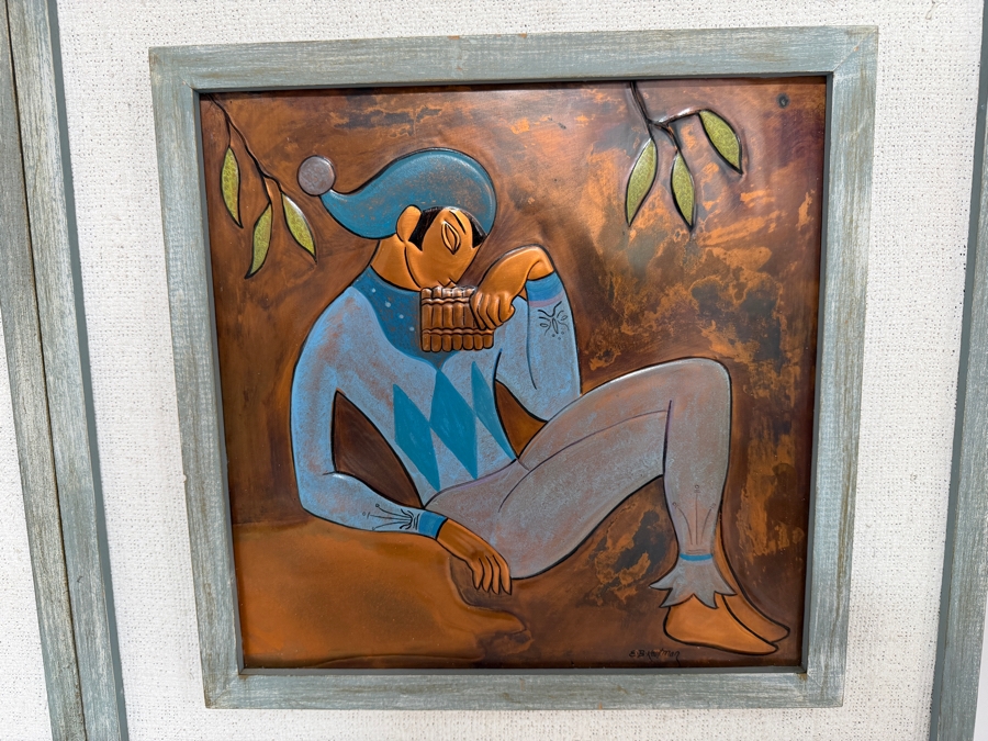 Just Added - Signed Pair Of Mid-Century Modern Hand Painted Copper Bas-Relief Wall Plaques With Harlequin Figures Playing Musical Instruments Framed In Wood 13 X 13 Framed 19 X 19 [Photo 2]