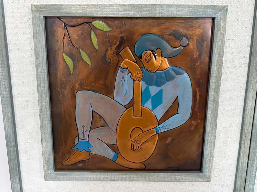 Just Added - Signed Pair Of Mid-Century Modern Hand Painted Copper Bas-Relief Wall Plaques With Harlequin Figures Playing Musical Instruments Framed In Wood 13 X 13 Framed 19 X 19 [Photo 5]