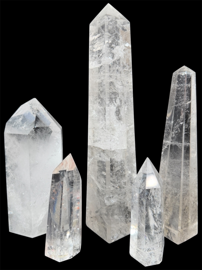 Just Added - Collection Of Five Natural Polished White Clear Quartz Crystal Obelisks Wands 5'H - 11.5'H