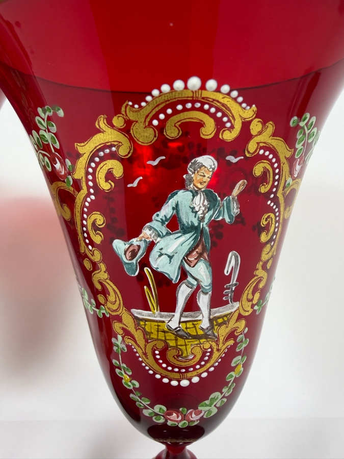 Just Added - Set Of Five Vintage Venetian Murano Ruby Red Wine Goblets Featuring Intricate Figural And Floral Enamel Decorations 7 7/8'H [Photo 8]