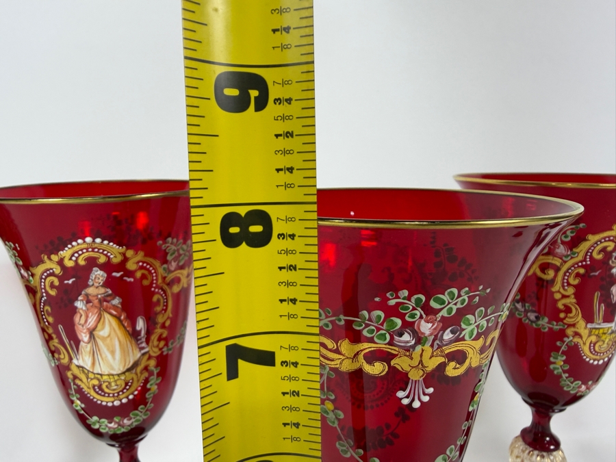 Just Added - Set Of Five Vintage Venetian Murano Ruby Red Wine Goblets Featuring Intricate Figural And Floral Enamel Decorations 7 7/8'H [Photo 10]