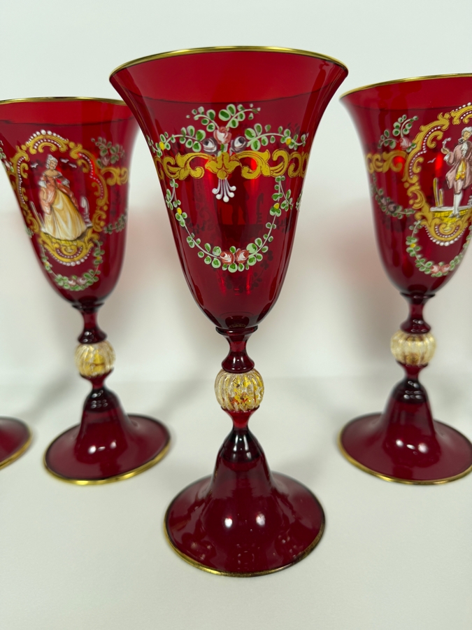 Just Added - Set Of Five Vintage Venetian Murano Ruby Red Wine Goblets Featuring Intricate Figural And Floral Enamel Decorations 7 7/8'H [Photo 9]