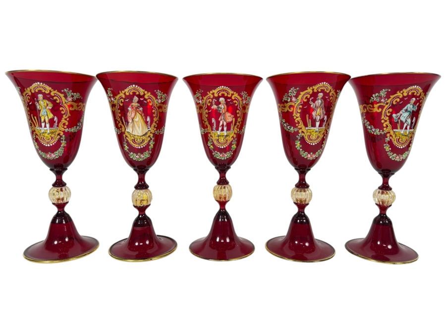 Just Added - Set Of Five Vintage Venetian Murano Ruby Red Wine Goblets Featuring Intricate Figural And Floral Enamel Decorations 7 7/8'H