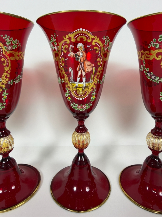 Just Added - Set Of Five Vintage Venetian Murano Ruby Red Wine Goblets Featuring Intricate Figural And Floral Enamel Decorations 7 7/8'H [Photo 2]