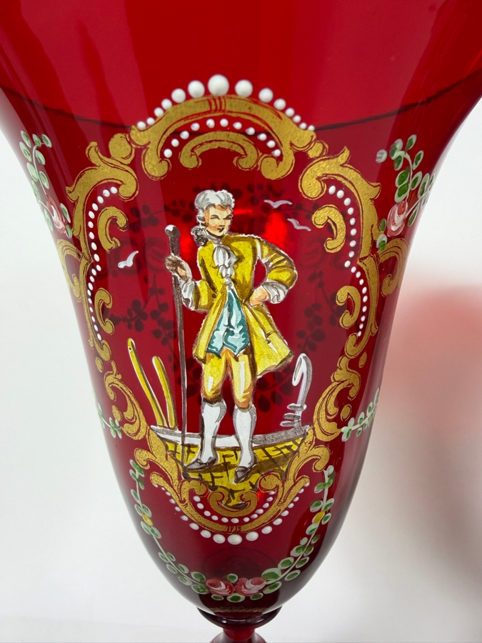 Just Added - Set Of Five Vintage Venetian Murano Ruby Red Wine Goblets Featuring Intricate Figural And Floral Enamel Decorations 7 7/8'H [Photo 6]