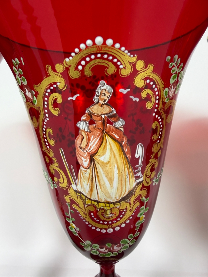 Just Added - Set Of Five Vintage Venetian Murano Ruby Red Wine Goblets Featuring Intricate Figural And Floral Enamel Decorations 7 7/8'H [Photo 5]