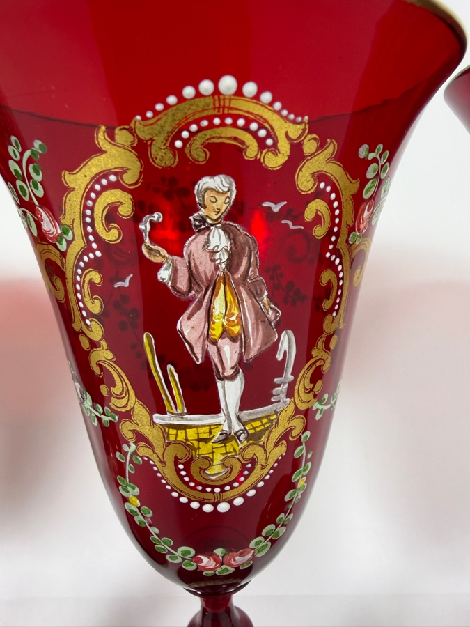 Just Added - Set Of Five Vintage Venetian Murano Ruby Red Wine Goblets Featuring Intricate Figural And Floral Enamel Decorations 7 7/8'H [Photo 7]