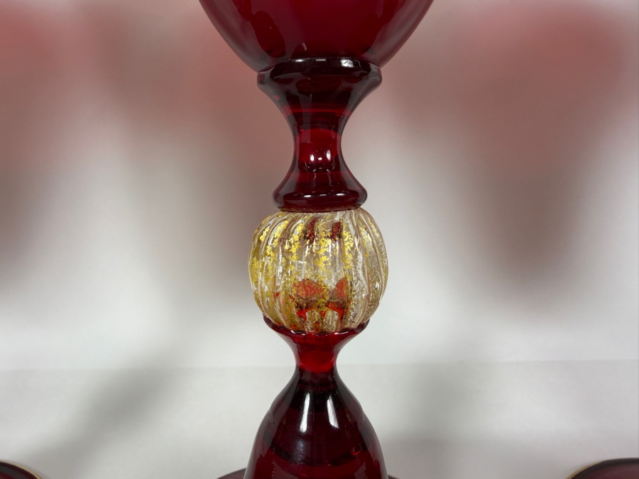 Just Added - Set Of Five Vintage Venetian Murano Ruby Red Wine Goblets Featuring Intricate Figural And Floral Enamel Decorations 7 7/8'H [Photo 4]