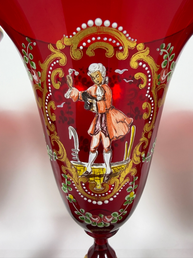 Just Added - Set Of Five Vintage Venetian Murano Ruby Red Wine Goblets Featuring Intricate Figural And Floral Enamel Decorations 7 7/8'H [Photo 3]