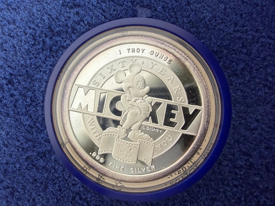 1988 Disney Mickey 60 Years With You Steamboat Willie 1 Troy Ounce .999 Silver Proof Coin In Display Case With Certificate Of Authenticity [Photo 4]