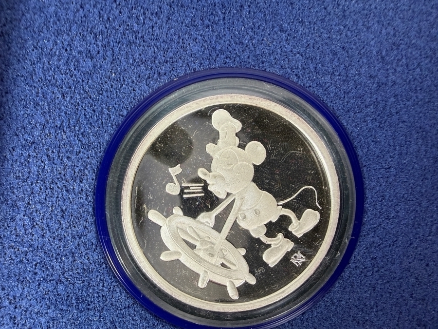 1988 Disney Mickey 60 Years With You Steamboat Willie 1 Troy Ounce .999 Silver Proof Coin In Display Case With Certificate Of Authenticity [Photo 2]
