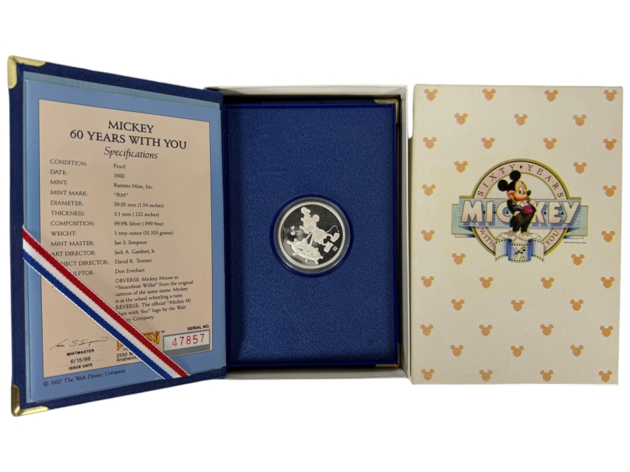 1988 Disney Mickey 60 Years With You Steamboat Willie 1 Troy Ounce .999 Silver Proof Coin In Display Case With Certificate Of Authenticity