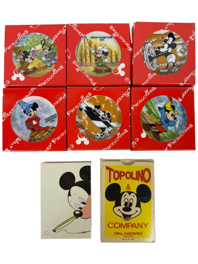Vintage Walt Disney Productions Mickey Mouse Miniature Plate Collection And Factory Sealed Italian Topolino & Company Playing Cards Set