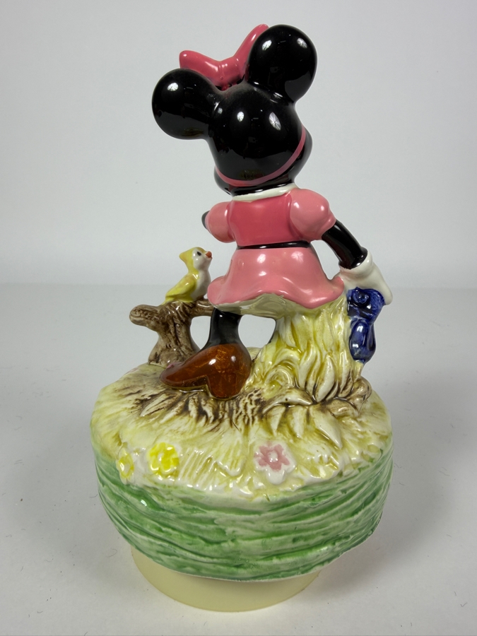Vintage Disney Schmid Minnie Mouse Ceramic Revolving Music Box With Bird And Watering Can 7'H [Photo 4]