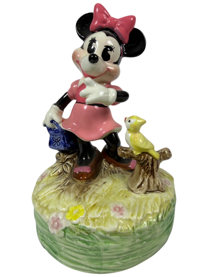 Vintage Disney Schmid Minnie Mouse Ceramic Revolving Music Box With Bird And Watering Can 7'H