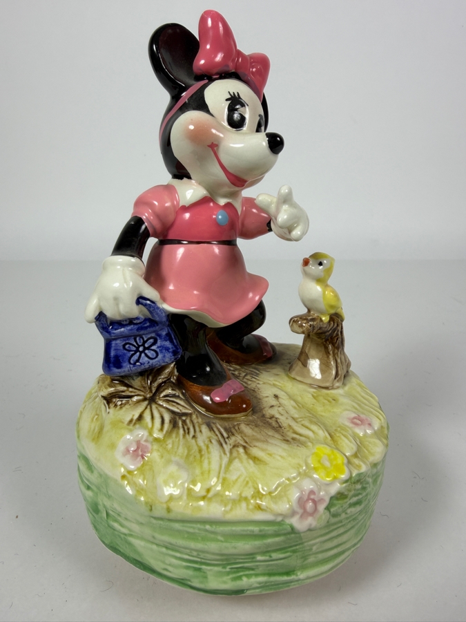 Vintage Disney Schmid Minnie Mouse Ceramic Revolving Music Box With Bird And Watering Can 7'H [Photo 2]