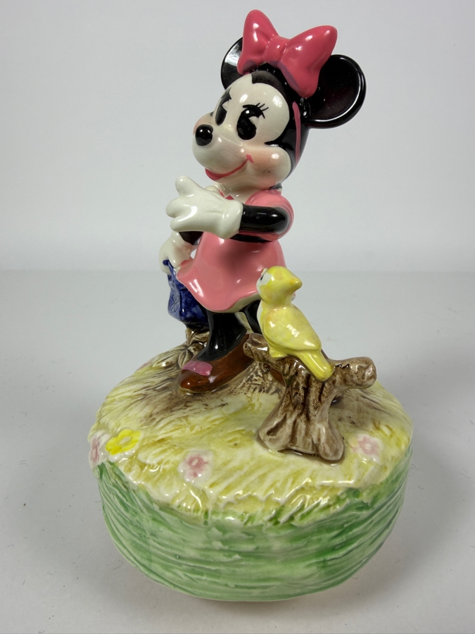 Vintage Disney Schmid Minnie Mouse Ceramic Revolving Music Box With Bird And Watering Can 7'H [Photo 3]
