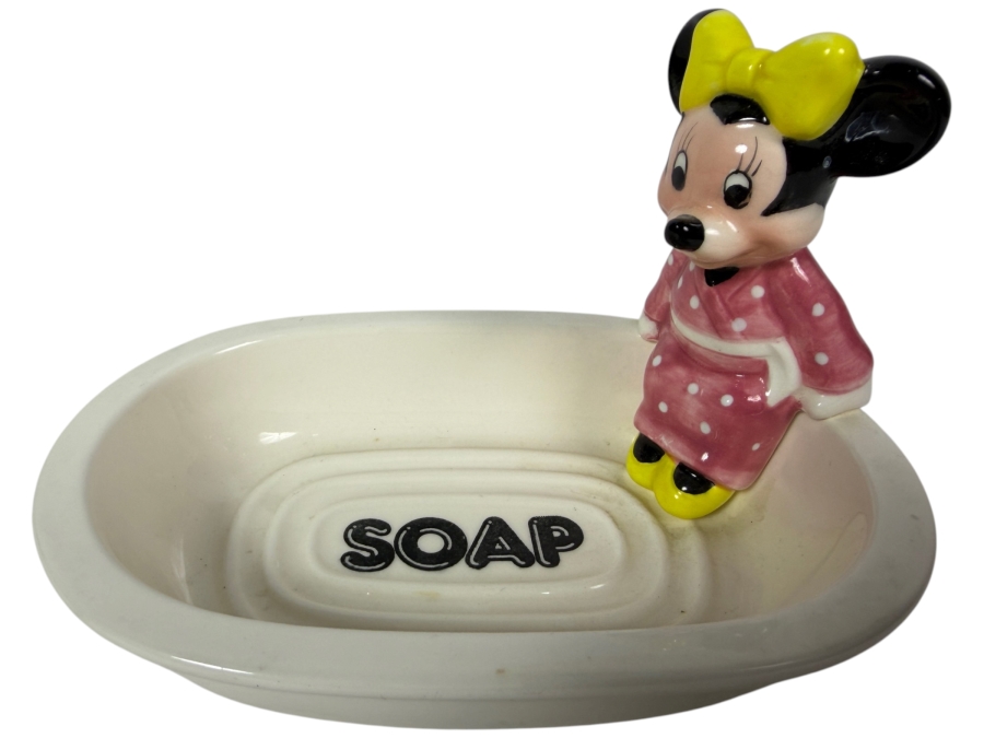 Vintage Walt Disney Productions Minnie Mouse Ceramic Bathtub Soap Dish In Pink Robe 6'W X 4'H