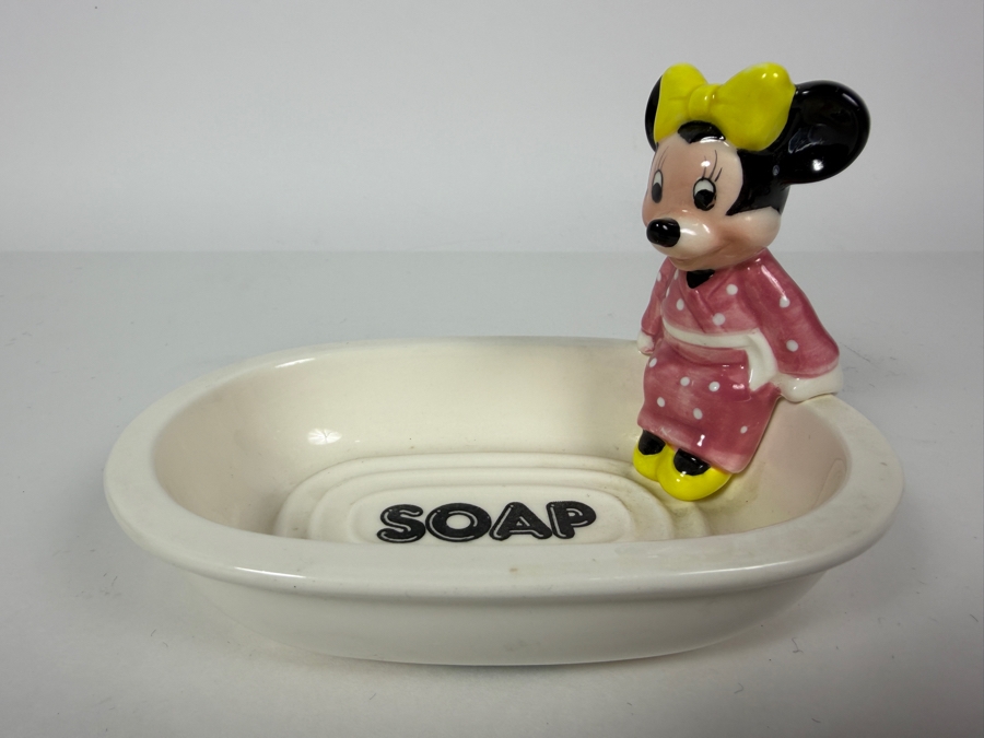 Vintage Walt Disney Productions Minnie Mouse Ceramic Bathtub Soap Dish In Pink Robe 6'W X 4'H [Photo 2]