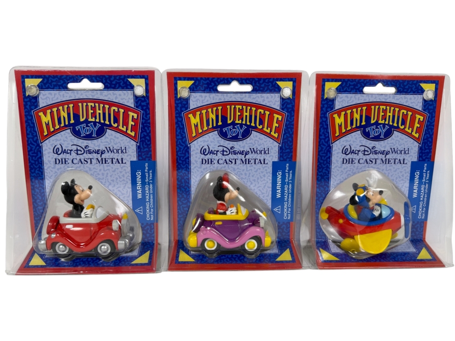 (3) Vintage Walt Disney World Die-Cast Mini Vehicle Toy Set Mickey Minnie And Donald New In Package