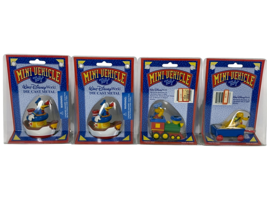 (4) Vintage Walt Disney World Die-Cast Mini Vehicle Toy Set Donald Tugboat Goofy Train And Pluto Wagon New In Package