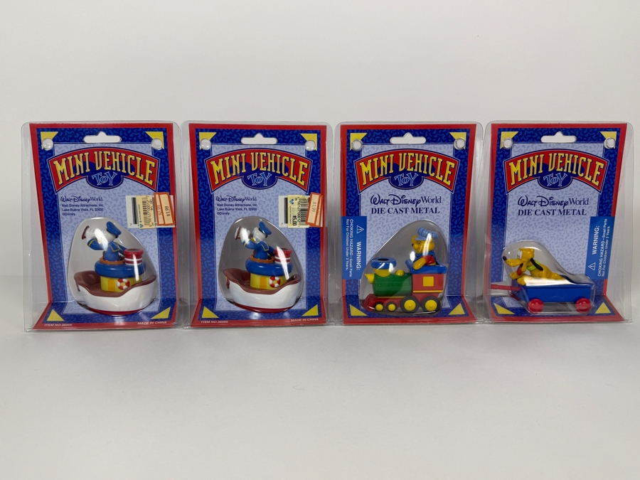 (4) Vintage Walt Disney World Die-Cast Mini Vehicle Toy Set Donald Tugboat Goofy Train And Pluto Wagon New In Package [Photo 5]