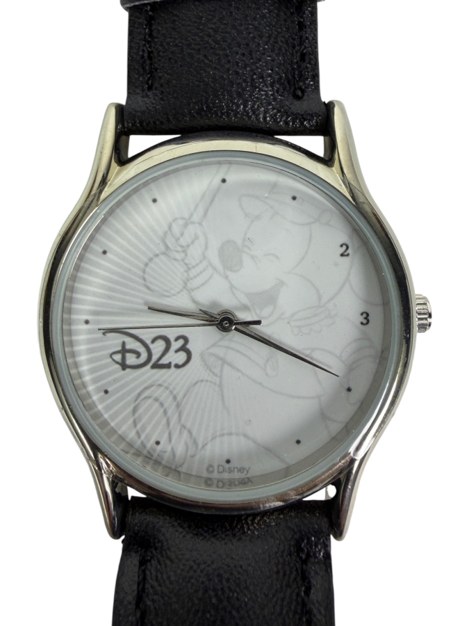 Disney D23 Member Exclusive Marching Mickey Mouse Silver Tone Quartz Watch With Black Leather Band