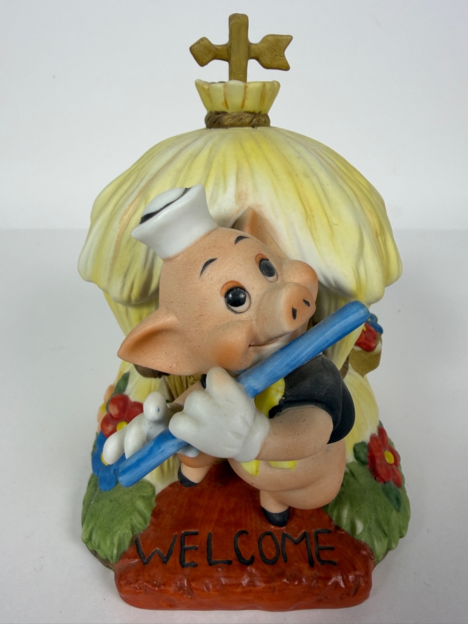 Vintage Walt Disney Productions Three Little Pigs Fifer Pig Musical Straw House Figurine Music Box 6'H [Photo 2]