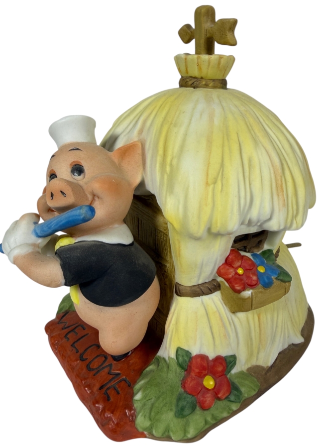 Vintage Walt Disney Productions Three Little Pigs Fifer Pig Musical Straw House Figurine Music Box 6'H