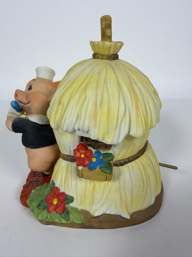 Vintage Walt Disney Productions Three Little Pigs Fifer Pig Musical Straw House Figurine Music Box 6'H [Photo 4]
