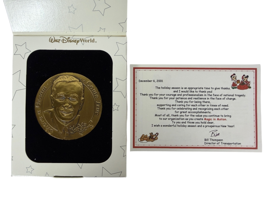 2001 Walt Disney World Cast Member Holiday Gift Walt Disney Bronze Medallion With Appreciation Card