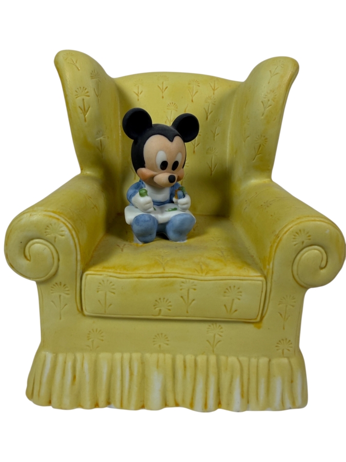 Vintage 1984 Disney New Arrivals Baby Mickey Mouse Yellow Armchair Ceramic Coin Bank 5.5'H