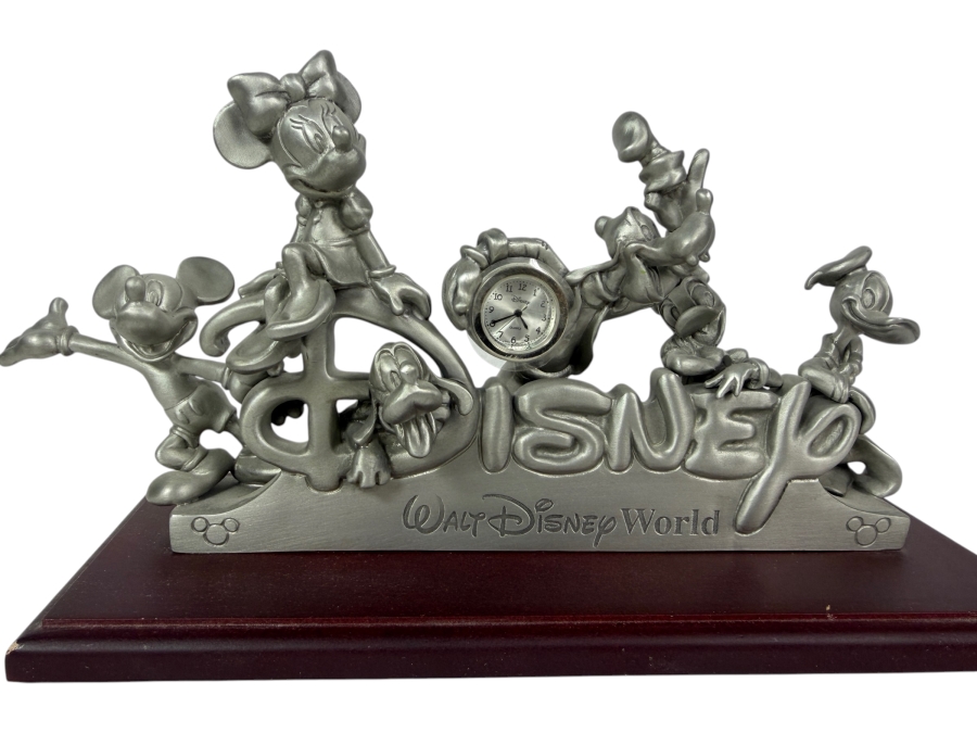Vintage Walt Disney World Pewter Fab Five Character Desk Clock On Wood Base Limited Edition 1,259 Of 3,000 10'W X 4'D