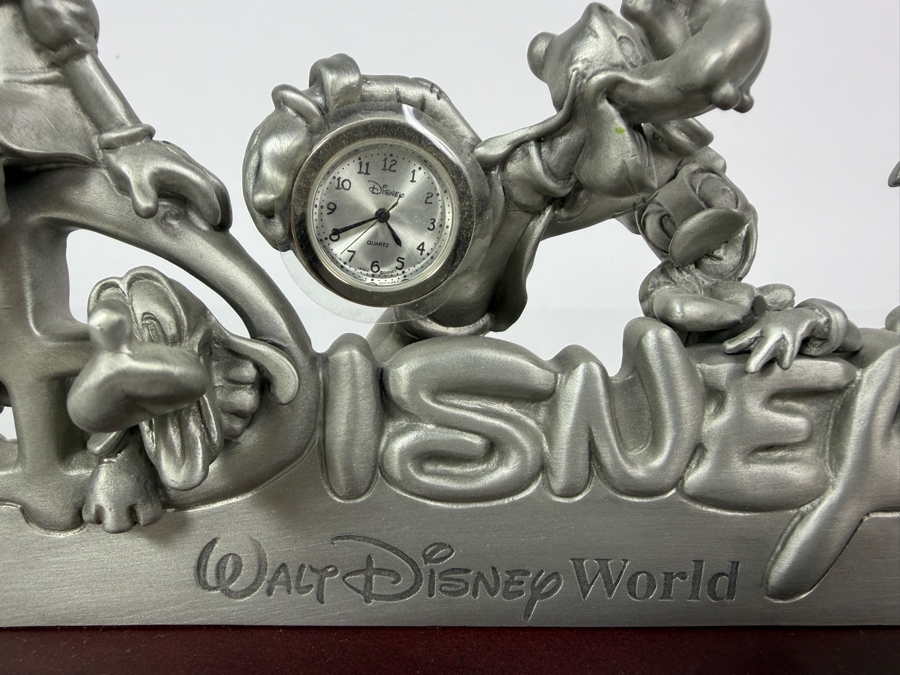 Vintage Walt Disney World Pewter Fab Five Character Desk Clock On Wood Base Limited Edition 1,259 Of 3,000 10'W X 4'D [Photo 5]