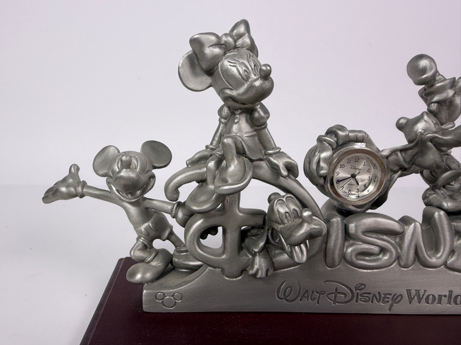 Vintage Walt Disney World Pewter Fab Five Character Desk Clock On Wood Base Limited Edition 1,259 Of 3,000 10'W X 4'D [Photo 4]