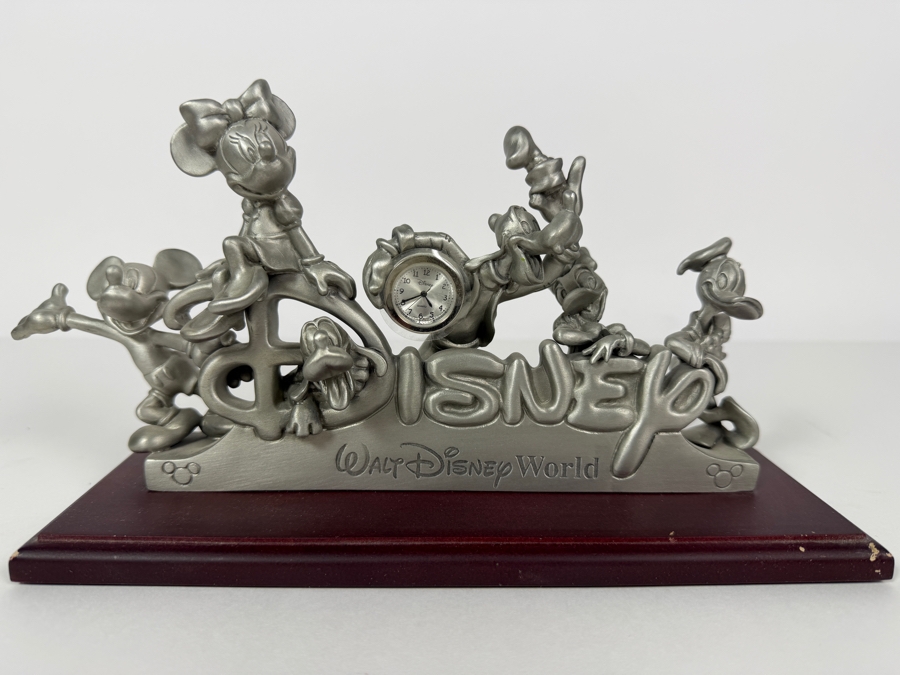 Vintage Walt Disney World Pewter Fab Five Character Desk Clock On Wood Base Limited Edition 1,259 Of 3,000 10'W X 4'D [Photo 3]