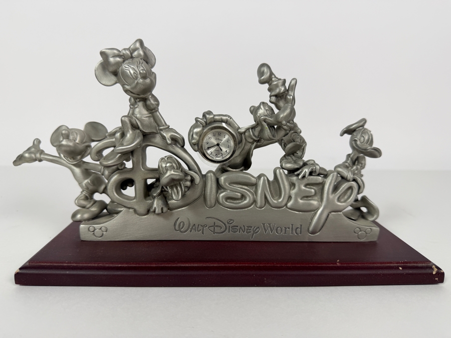 Vintage Walt Disney World Pewter Fab Five Character Desk Clock On Wood Base Limited Edition 1,259 Of 3,000 10'W X 4'D [Photo 2]