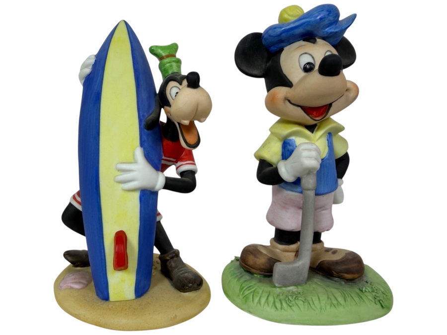 Vintage Walt Disney Productions Goofy Surfer And Mickey Mouse Golfer Ceramic Bisque Figurines 6'H