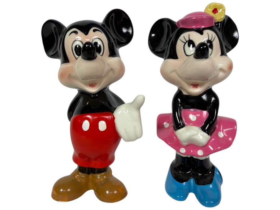 Vintage Walt Disney Productions Japan Mickey And Minnie Mouse Glossy Ceramic Figurines 5.5'H