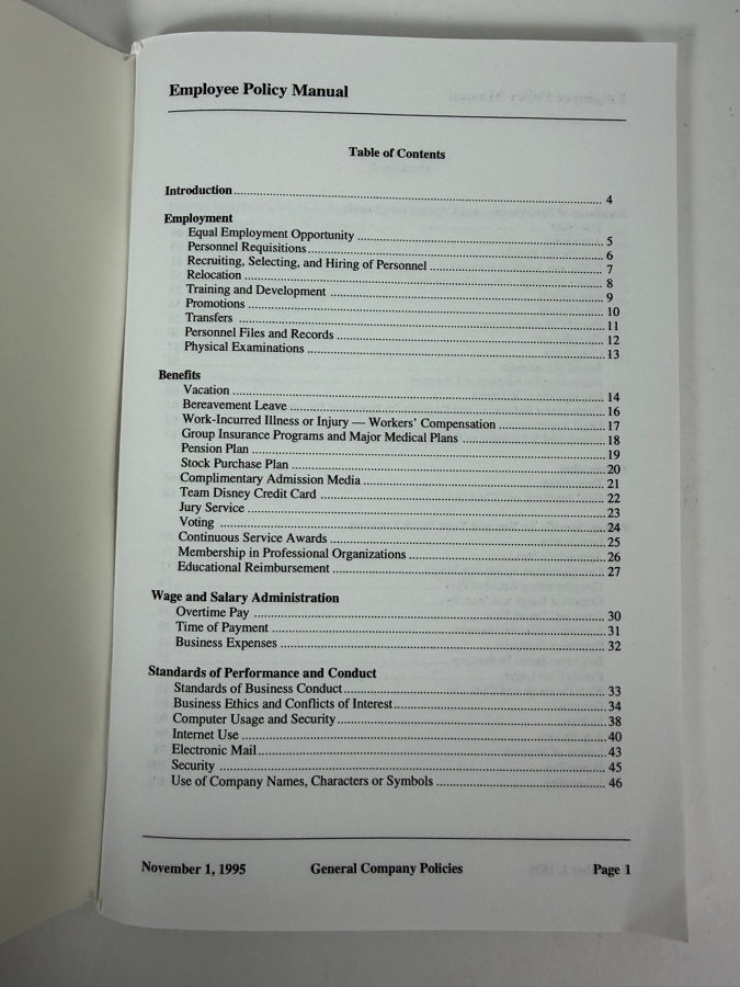Vintage Walt Disney Productions Employee Policy Manual General Company Policies Dated November 1, 1995 [Photo 2]