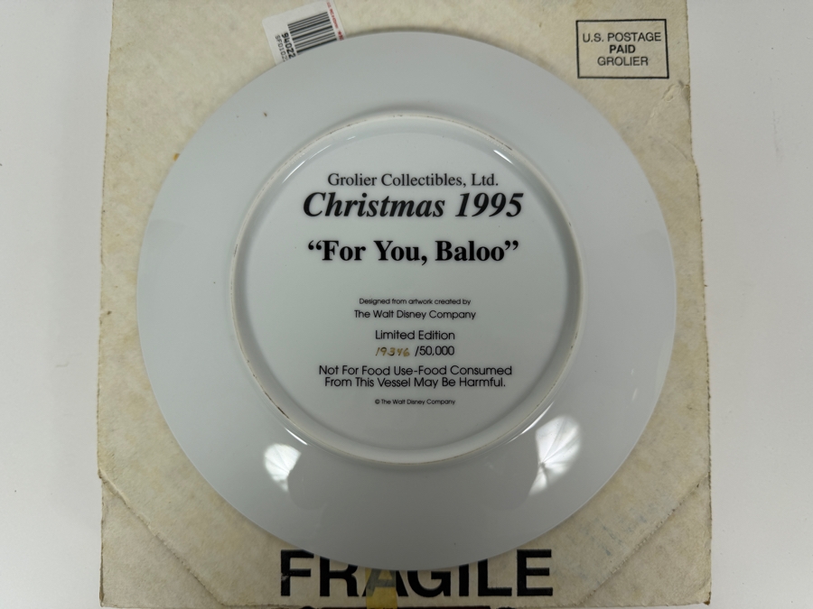 Vintage Grolier The Disney Collection Christmas 1995 'For You, Baloo' Limited Edition 19,346/50,000 Grolier Collector Plate 8.5'W [Photo 4]
