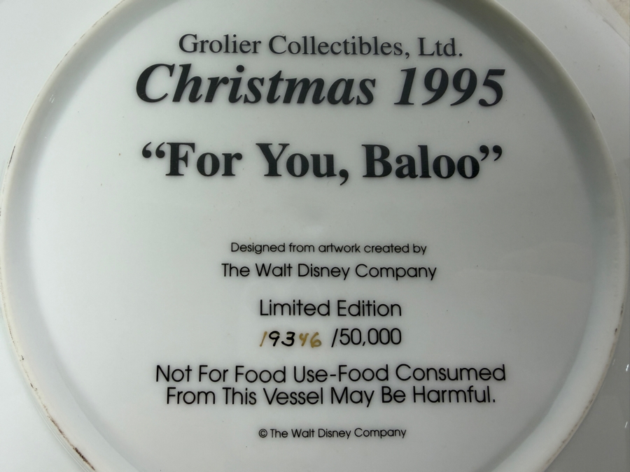 Vintage Grolier The Disney Collection Christmas 1995 'For You, Baloo' Limited Edition 19,346/50,000 Grolier Collector Plate 8.5'W [Photo 5]