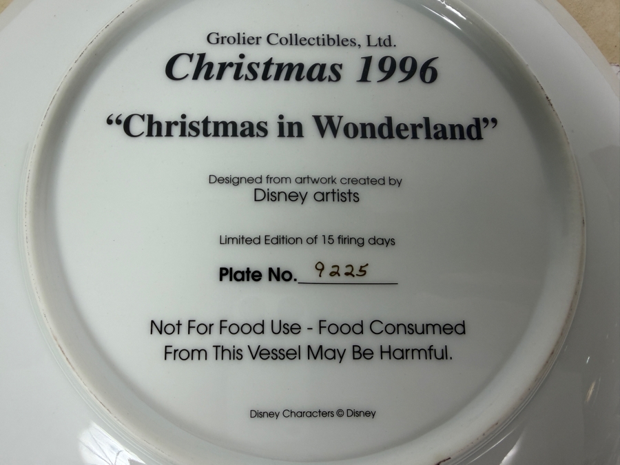 Vintage Grolier Disney 'Christmas In Wonderland' Alice Mad Hatter And March Hare 1996 Limited Edition #9225 Collector Plate 8.5'W [Photo 5]