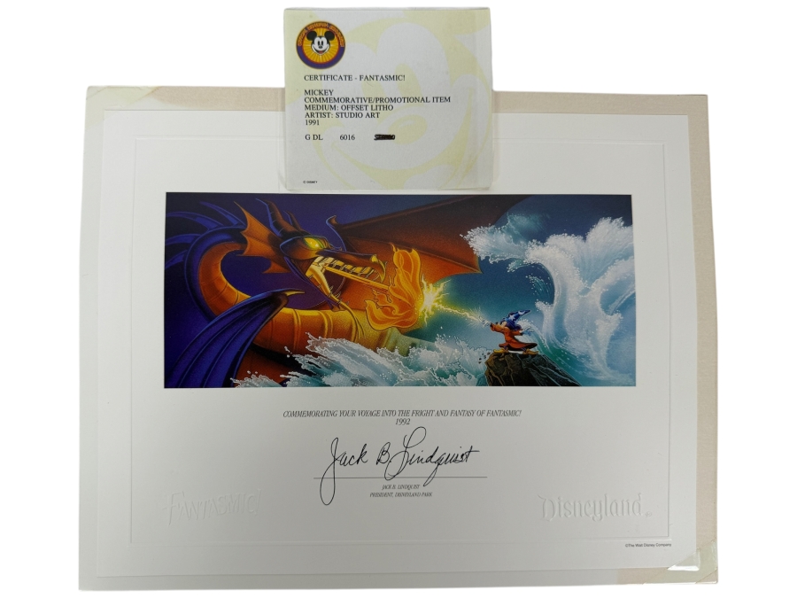 Vintage Disneyland 1992 Fantasmic! Commemorative Certificate Jack B. Lindquist Lithograph 11'W X 8.5'H