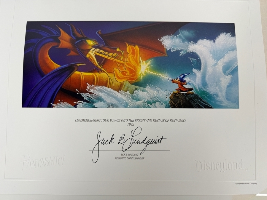 Vintage Disneyland 1992 Fantasmic! Commemorative Certificate Jack B. Lindquist Lithograph 11'W X 8.5'H [Photo 5]